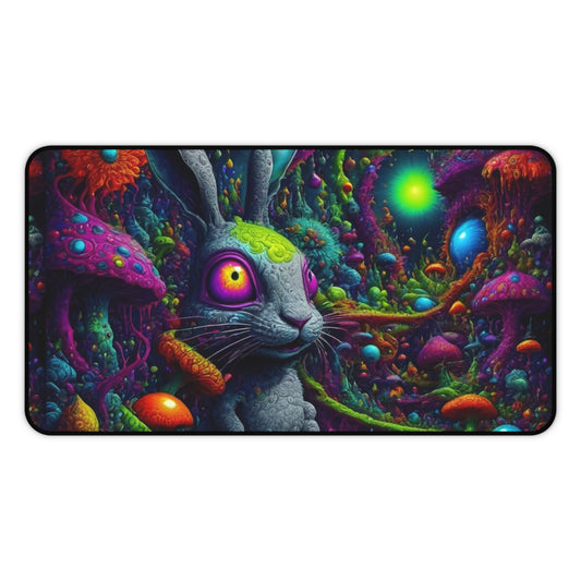 Psychedelic Rabbit Desk Mat — Neon Mushroom Fantasy Mouse Pad