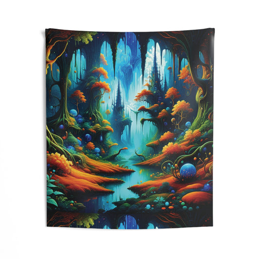 Mystical Forest Tapestry — Vibrant Fantasy Cave Wall Art for Home Decor