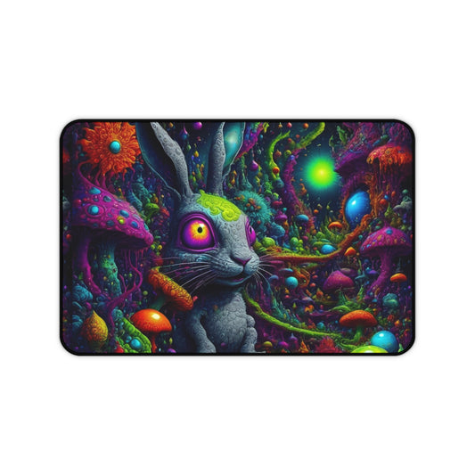 Psychedelic Rabbit Desk Mat — Neon Mushroom Fantasy Mouse Pad