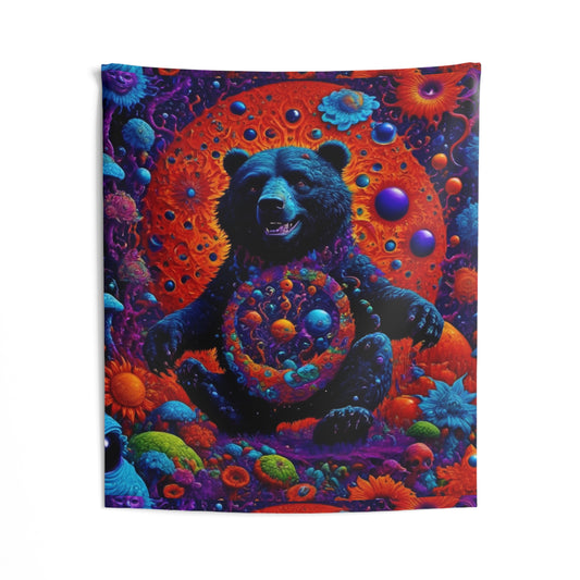 Psychedelic Cosmic Bear Wall Tapestry — Vibrant Surreal Forest Art Décor